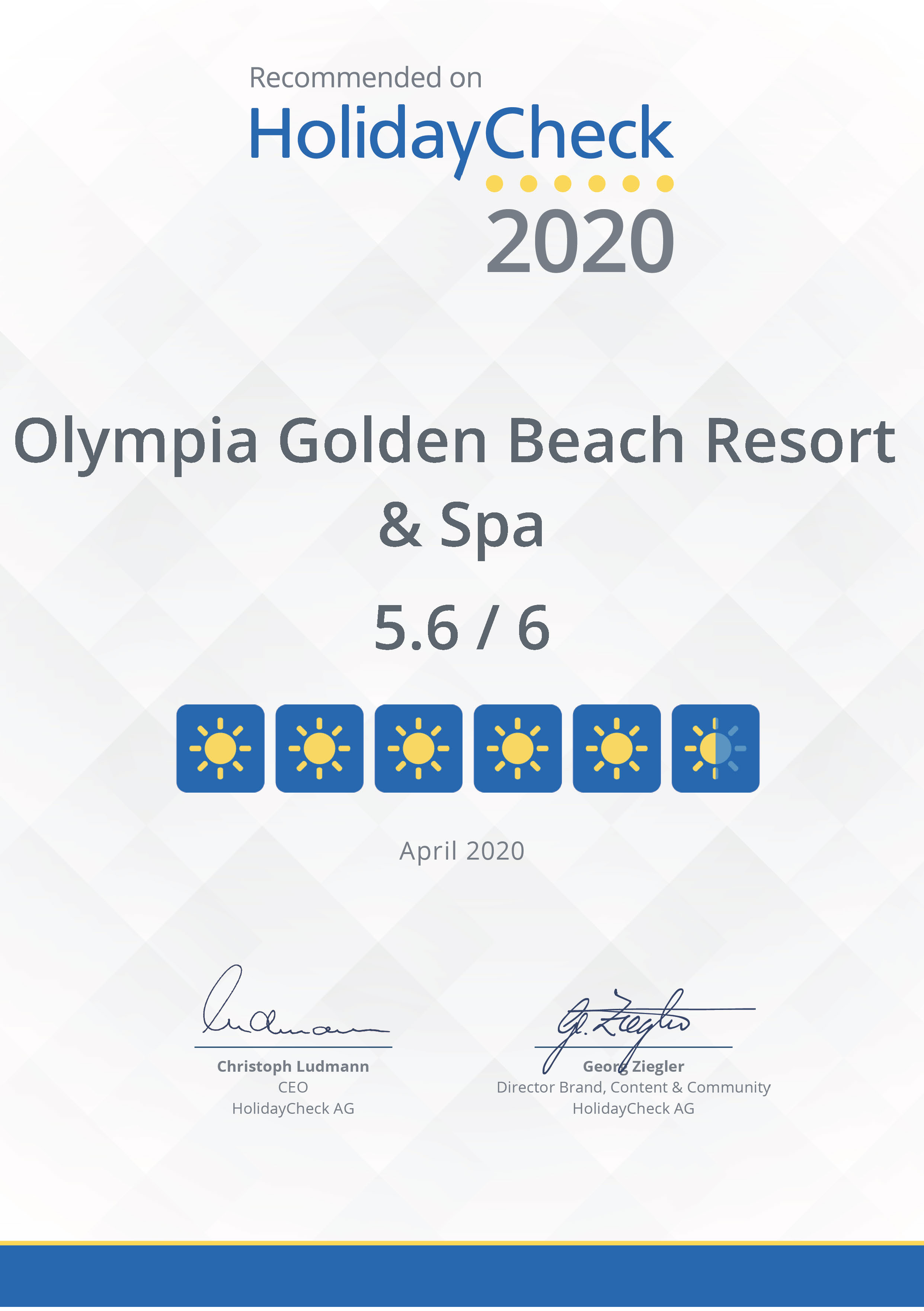Προτεινόμενοι στο HolidayCheck για ακόμα μια χρονιά! - Olympia Golden Beach Resort & Spa
