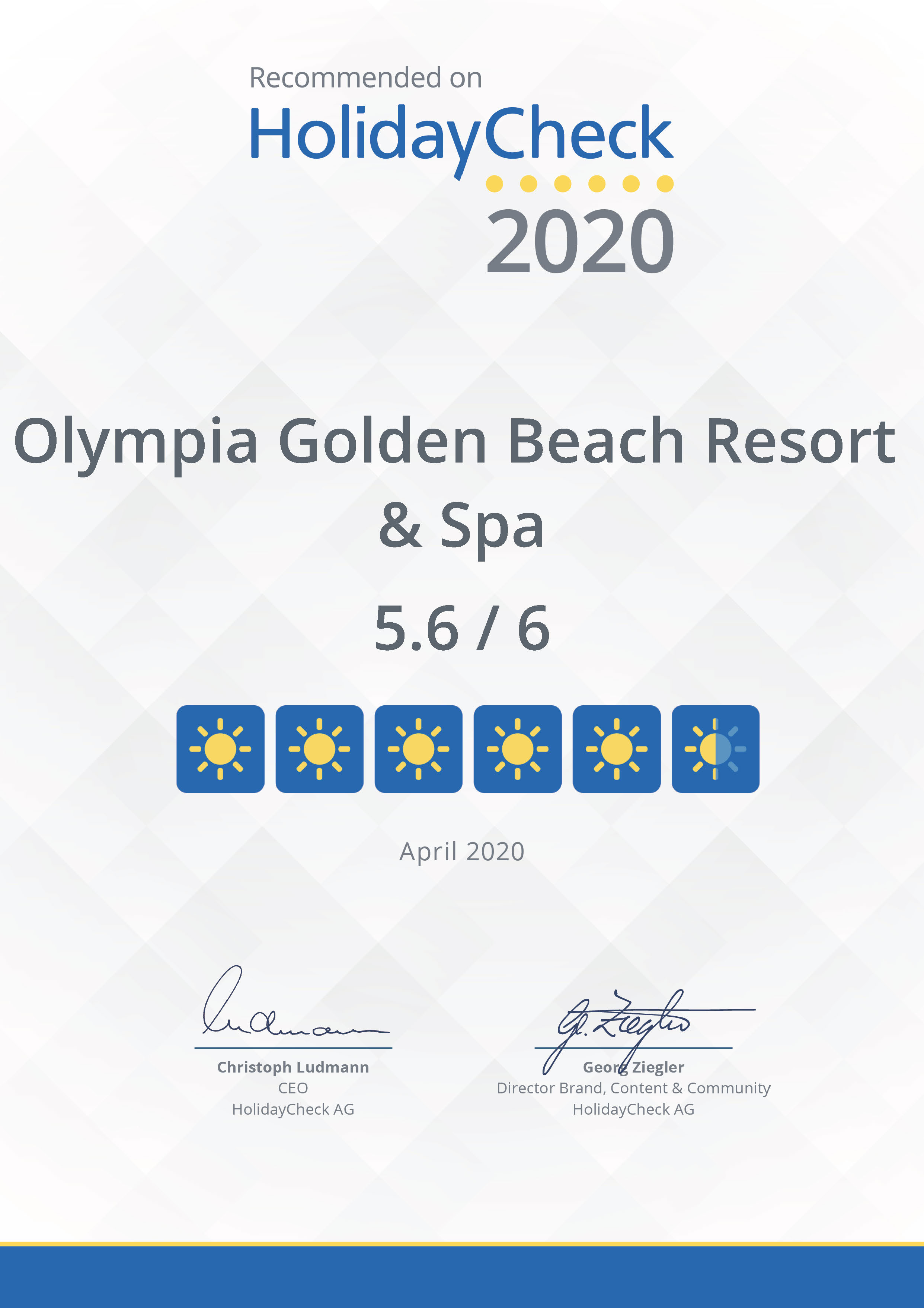 Recommended on HolidayCheck 2020 - Olympia Golden Beach Resort & Spa