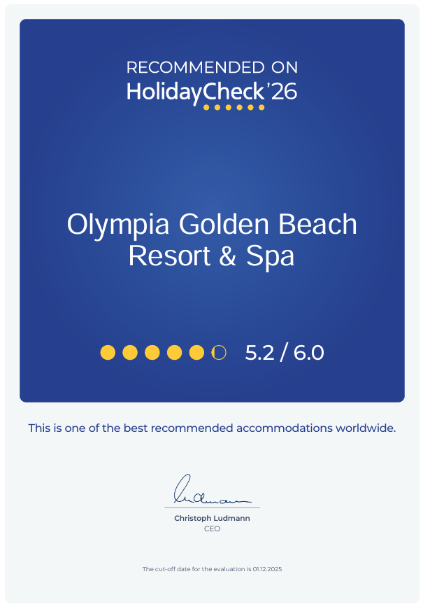 Διάκριση “Recommended on HolidayCheck 2026” για το Olympia Golden Beach Resort & Spa - Olympia Golden Beach Resort & Spa image HolidayCheck2026 en